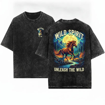 Wild Horse Full Moon Vintage Graphic Cozy Woodland Animal Rustic Nature Crewneck Unisex Wash T-Shirt