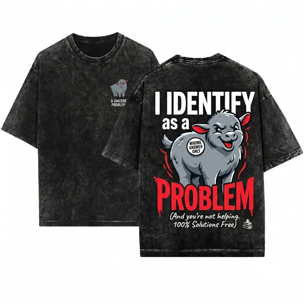 I Identify as a Problem Funny Goat Embroidered Chaotic Animal Whimsical Farmcore Gift Unisex Wash T-Shirt