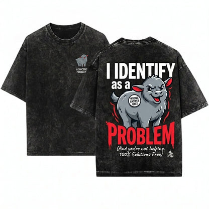 I Identify as a Problem Funny Goat Embroidered Chaotic Animal Whimsical Farmcore Gift Unisex Wash T-Shirt