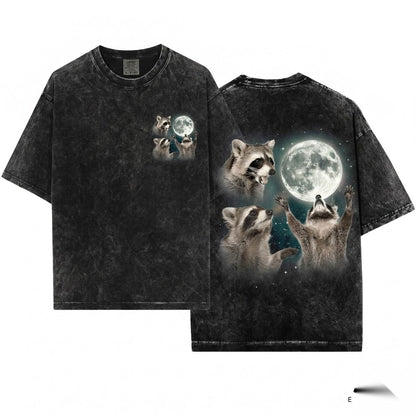 Three Raccoons Moon Vintage Graphic Oversized Retro Animal Lovers Gift Unisex Wash T-Shirt