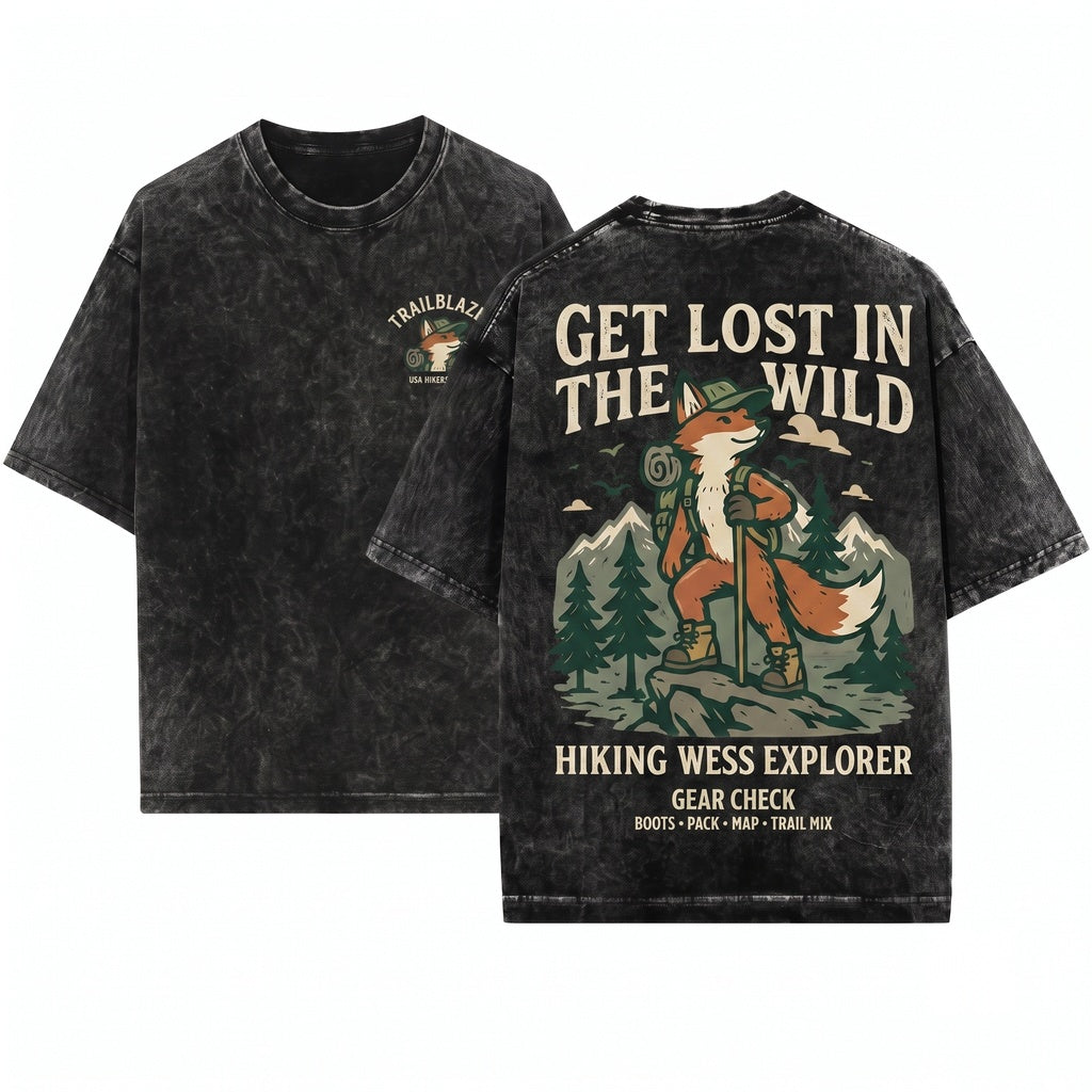 Old School Hiking Fox Graphic Woodland Adventure Wildlife Rustic Outdoor Explorer Gift Unisex Wash T-Shirt