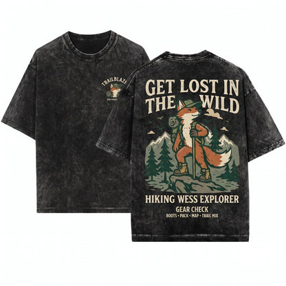 Old School Hiking Fox Graphic Woodland Adventure Wildlife Rustic Outdoor Explorer Gift Unisex Wash T-Shirt