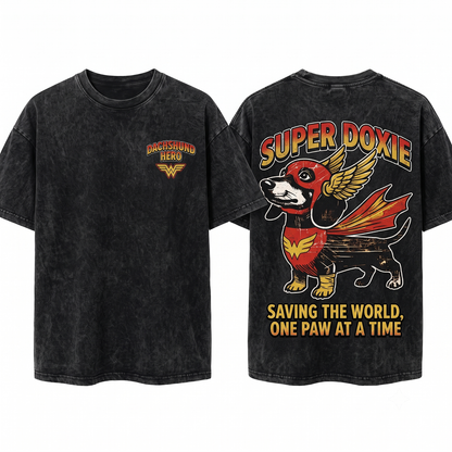 Dachshund Superhero Graphic Tee - Funny Wiener Dog Comic Fan Nerdy Pet Humor Gift Unisex Heavyweight Garment-Dyed T-Shirt
