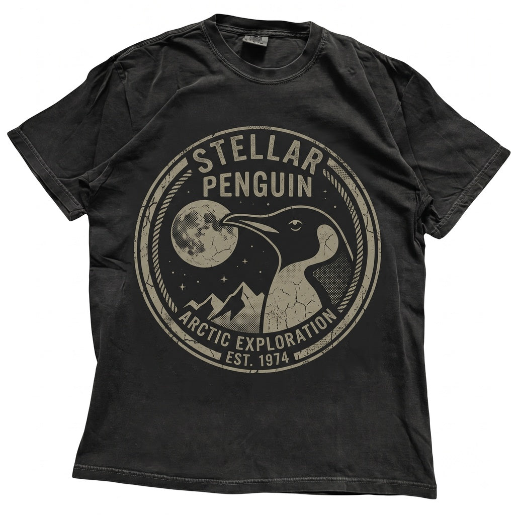 Emperor Penguin Howling at Full Moon Vintage Arctic Wildlife Graphic Retro 90s Nature Illustration Unisex TShirt
