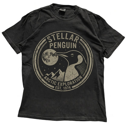 Emperor Penguin Howling at Full Moon Vintage Arctic Wildlife Graphic Retro 90s Nature Illustration Unisex TShirt