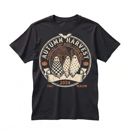 Tis Season Pumpkin Patch Farmhouse Halloween Checkered Floral Polka Dot Ghost Trio Fall Sweatshirt Unisex TShirt