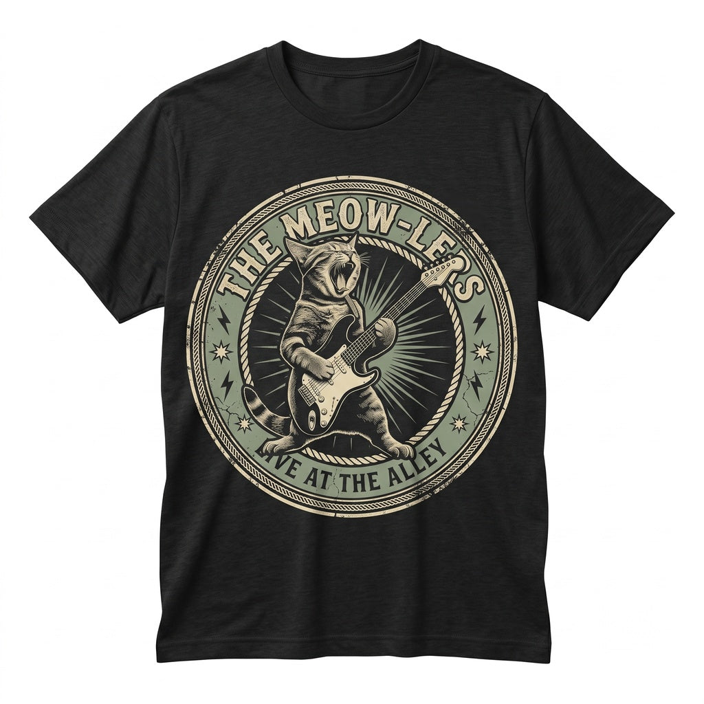 Vintage Rock Cat Playing Guitar Retro Funny Feline Musician Lover Novelty Gift Graphic Unisex TShirt