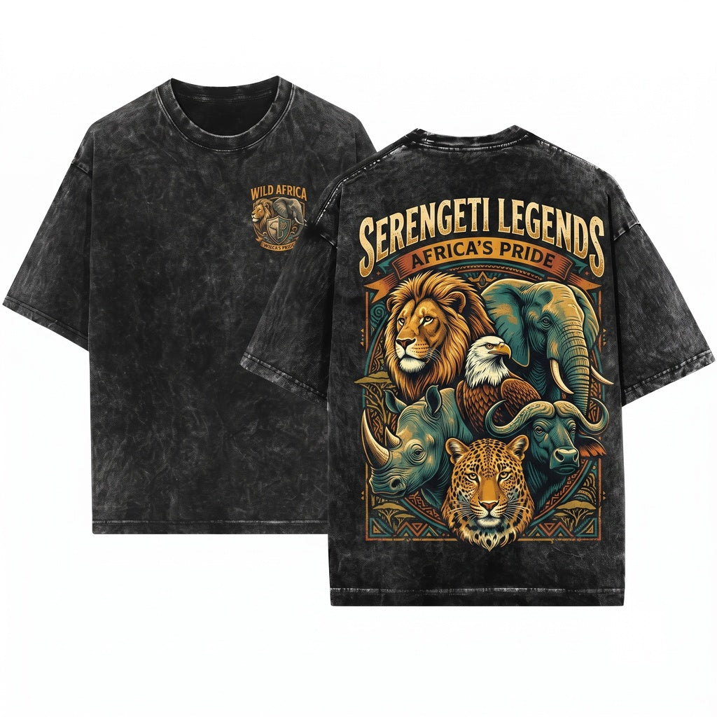 Retro African Safari Big Five Wildlife Vintage Nature Explorer Animal Gift Unisex Wash T-Shirt