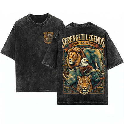 Retro African Safari Big Five Wildlife Vintage Nature Explorer Animal Gift Unisex Wash T-Shirt