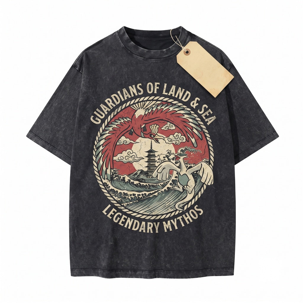 Lugia vs Ho-Oh Vintage Wash Graphic Anime Legendary Bird Top for Boys Girls Unisex TShirt