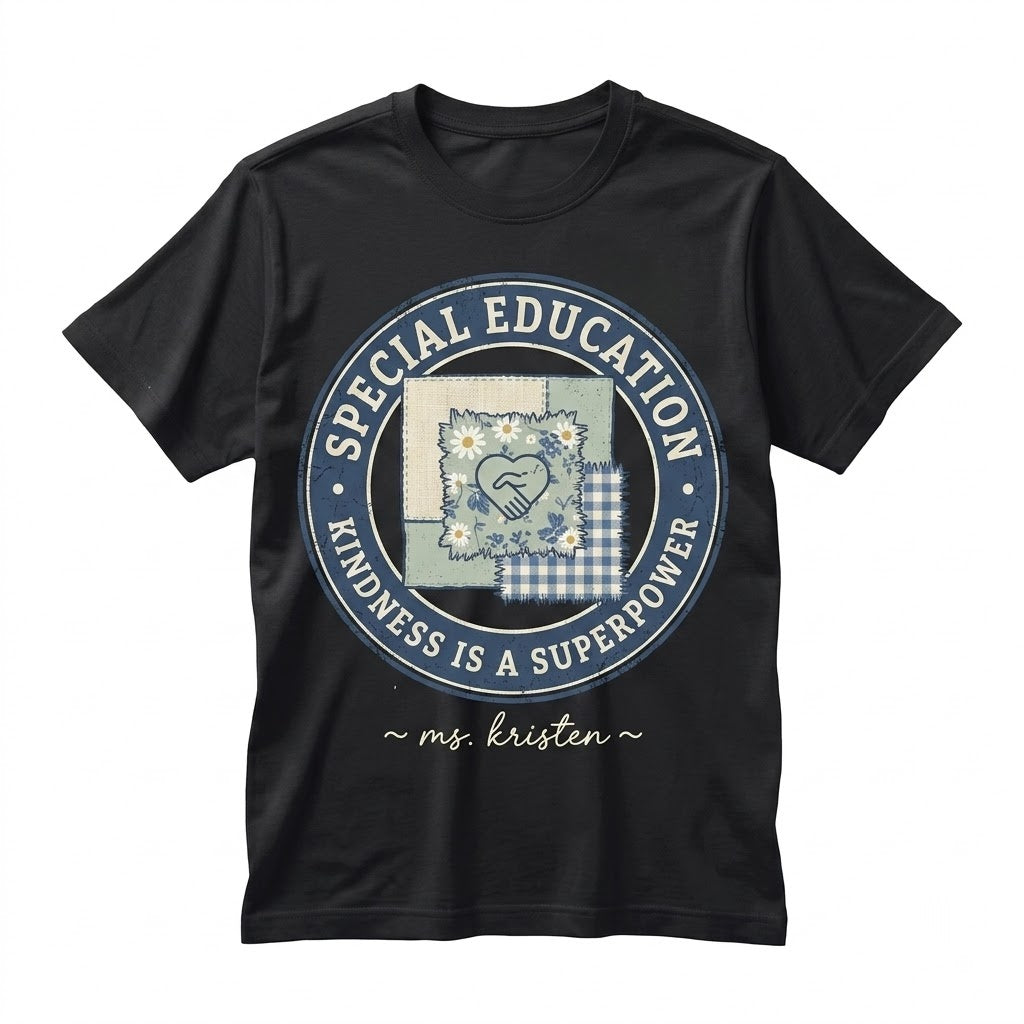 Special Education Teacher SPED Educator Floral Faux Patchwork Autism Matching Group Team Back To School Unisex TShirt