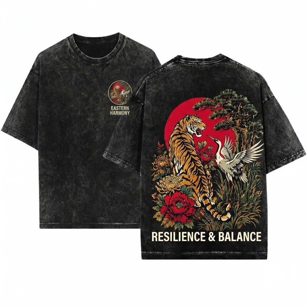 Retro Tiger Crane Japanese Wildlife Floral Vintage Asian Nature Style Animal Graphic Unisex Wash T-Shirt