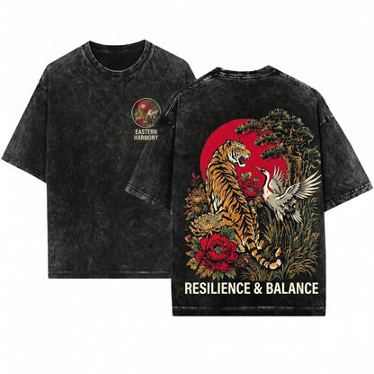 Retro Tiger Crane Japanese Wildlife Floral Vintage Asian Nature Style Animal Graphic Unisex Wash T-Shirt