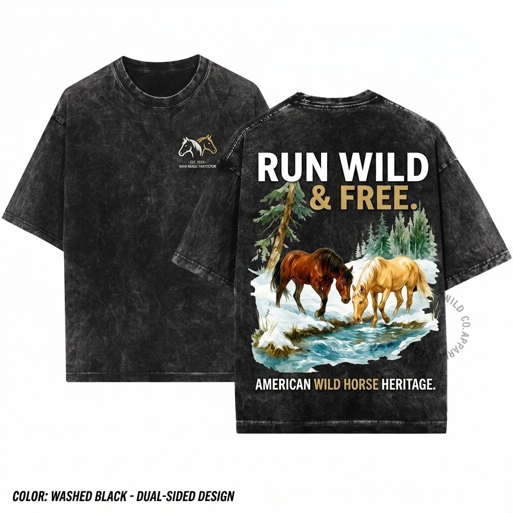 Wild Horses Vintage Graphic Cozy Woodland Animal Rustic Crewneck Unisex Wash T-Shirt