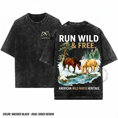Wild Horses Vintage Graphic Cozy Woodland Animal Rustic Crewneck Unisex Wash T-Shirt