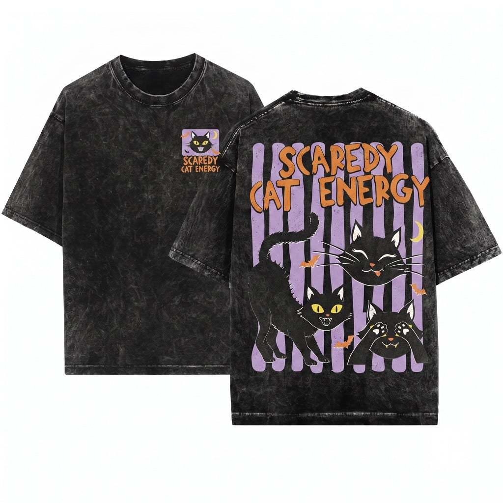 Scaredy Cat Energy Halloween Black Graphic Unisex Wash T-Shirt