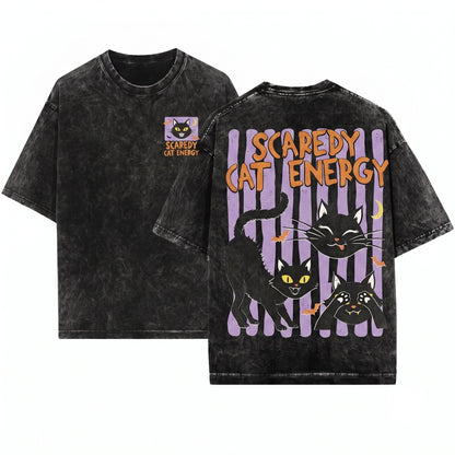 Scaredy Cat Energy Halloween Black Graphic Unisex Wash T-Shirt