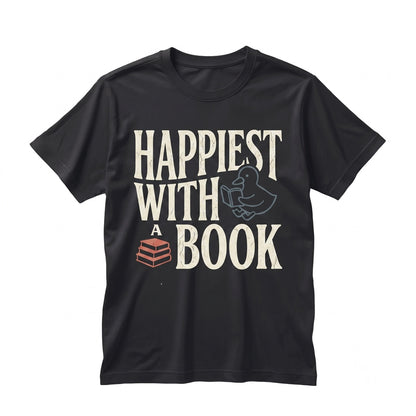 Happiest With a Book Cute Duck Reading Embroidered Heavyweight Cotton Graphic Bookish Gift Cozy Reader Unisex TShirt
