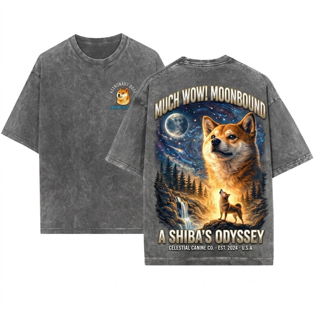 Shiba Inu Howling Moon Vintage 90s Retro Graphic Meme Full Animals Silly Gift Unisex Wash T-Shirt