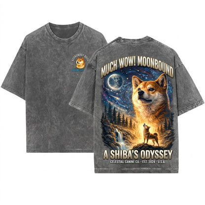 Shiba Inu Howling Moon Vintage 90s Retro Graphic Meme Full Animals Silly Gift Unisex Wash T-Shirt