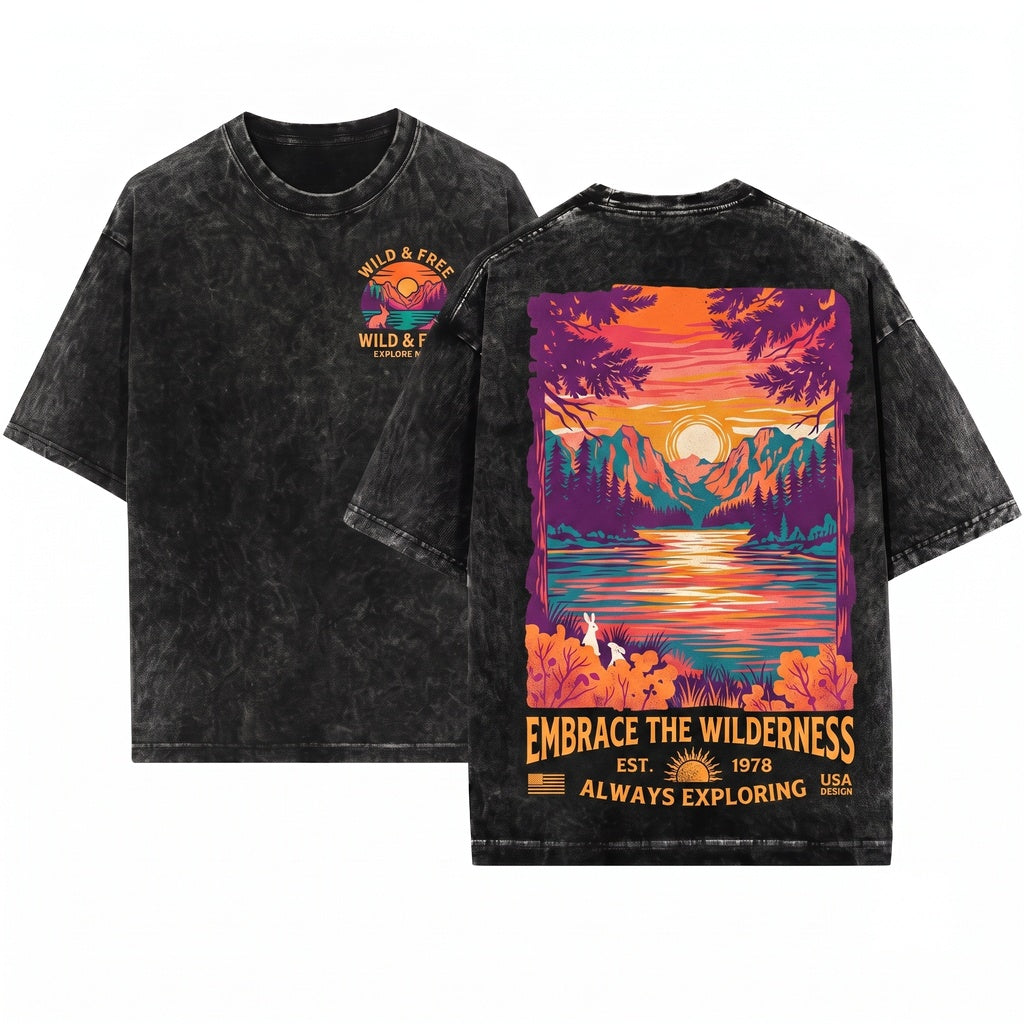 Vintage Mountain Sunset Scenic Wilderness Nature Retro Outdoor Adventure Landscape Gift Unisex Wash T-Shirt