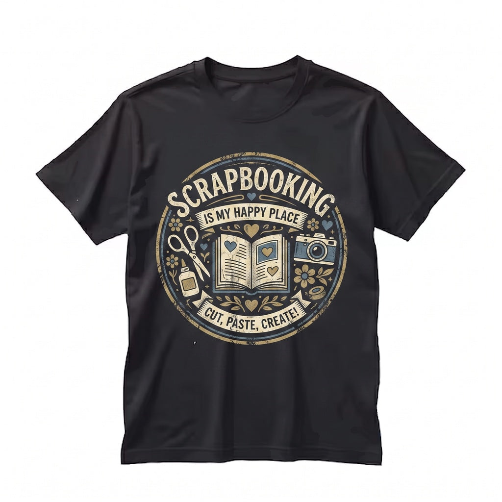 Vibrant Scrapbooking Crafting Graphic - Camera, Scissors, Glue Motif Creative Hobby Unisex TShirt