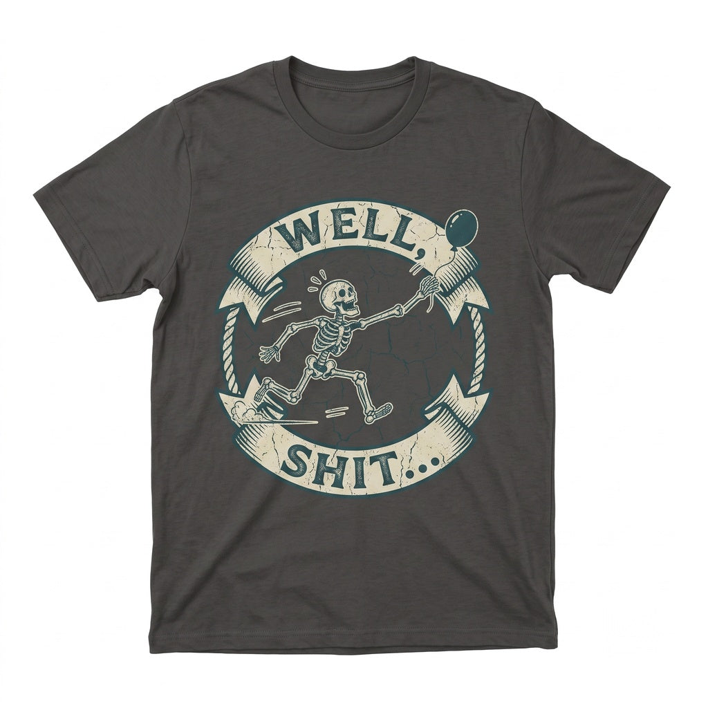 Well Shit Skeleton Lost Balloon Dark Humor Gothic Sarcastic Halloween Funny Quote Graphic Apparel Unisex TShirt