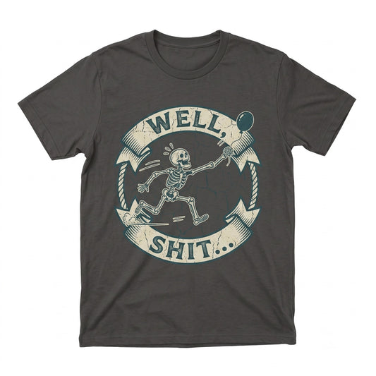 Well Shit Skeleton Lost Balloon Dark Humor Gothic Sarcastic Halloween Funny Quote Graphic Apparel Unisex TShirt