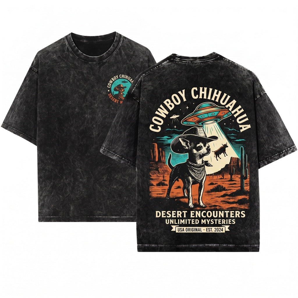 Vintage Chihuahua Alien UFO Cowboy Western Retro Wild West Dog Mom Dad Gift Unisex Wash T-Shirt
