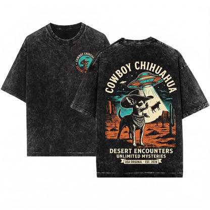Vintage Chihuahua Alien UFO Cowboy Western Retro Wild West Dog Mom Dad Gift Unisex Wash T-Shirt