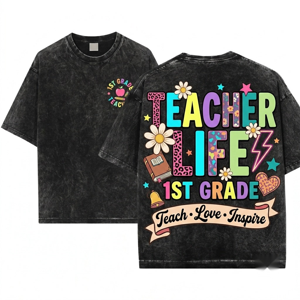 Custom Teacher Name Colorful Groovy Doodle First Grade Personalized Back To School Gift Unisex Wash T-Shirt