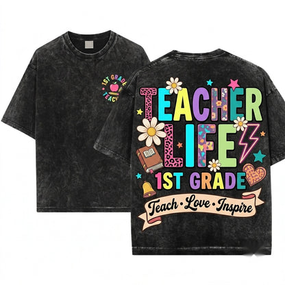 Custom Teacher Name Colorful Groovy Doodle First Grade Personalized Back To School Gift Unisex Wash T-Shirt