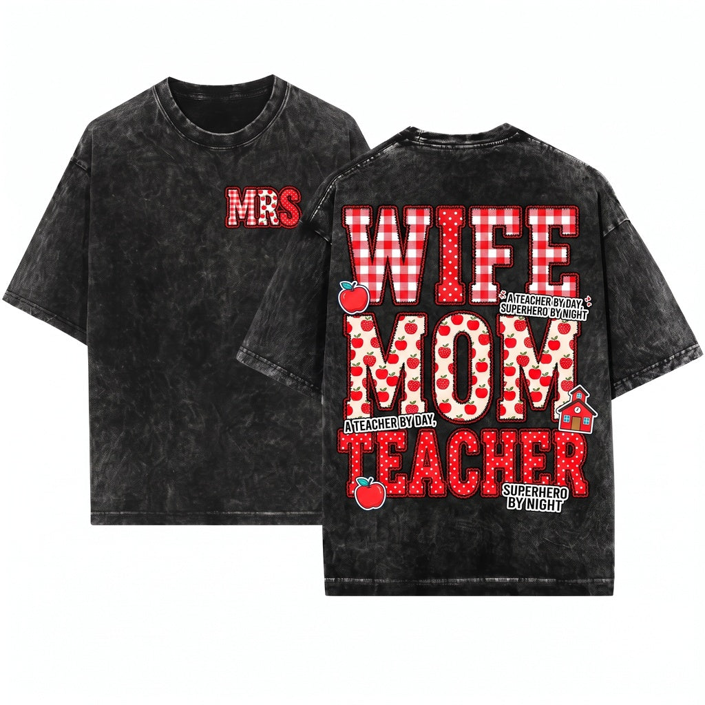 Custom Teacher Name Faux Patchwork Plaid Polka Dot Apple Back To School Gift Unisex Wash T-Shirt