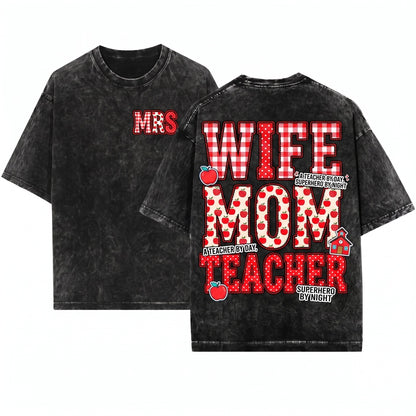 Custom Teacher Name Faux Patchwork Plaid Polka Dot Apple Back To School Gift Unisex Wash T-Shirt