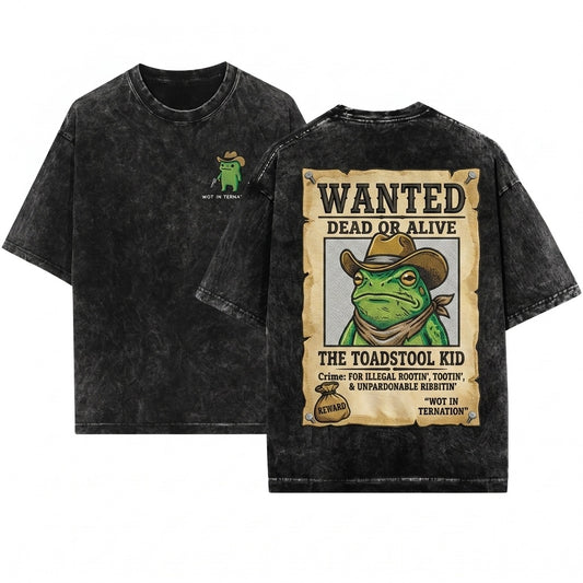 Wot In Tarnation Embroidered Cowboy Frog Unisex Wash T-Shirt