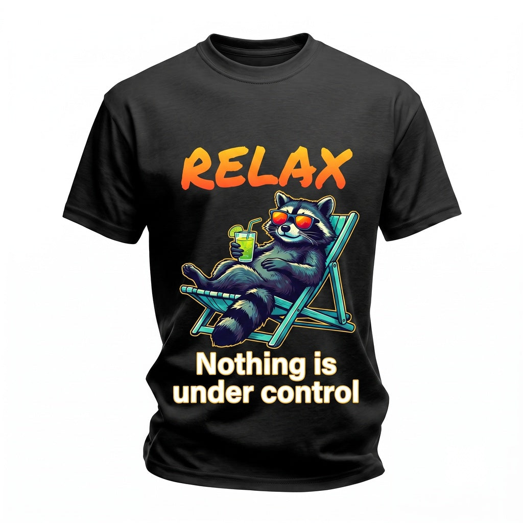 Relax Nothing Is Under Control Funny Raccoon Vacation Chill Drinking Sarcastic Meme Unisex TShirt