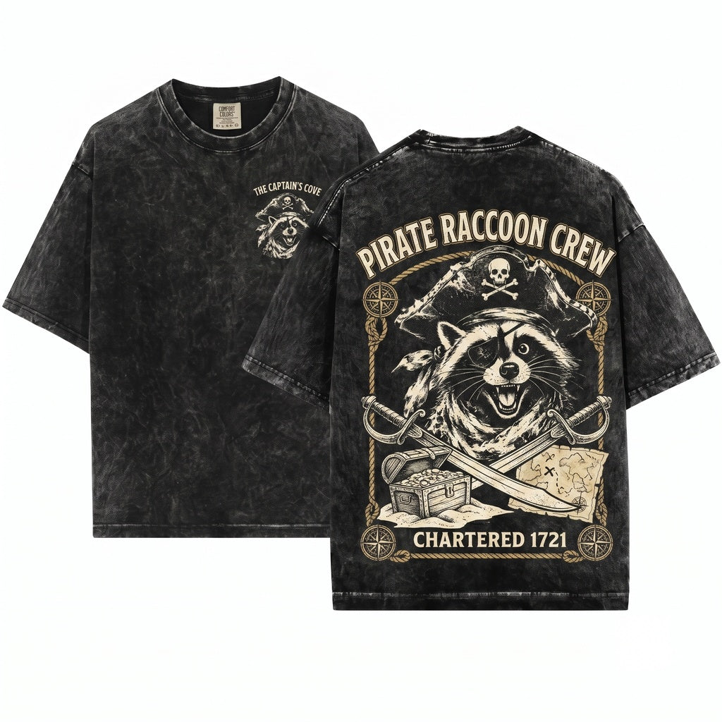 Retro Pirate Raccoon Graphic Novelty Vintage Adventure Woodland Animal Unisex Wash T-Shirt