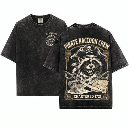 Retro Pirate Raccoon Graphic Novelty Vintage Adventure Woodland Animal Unisex Wash T-Shirt
