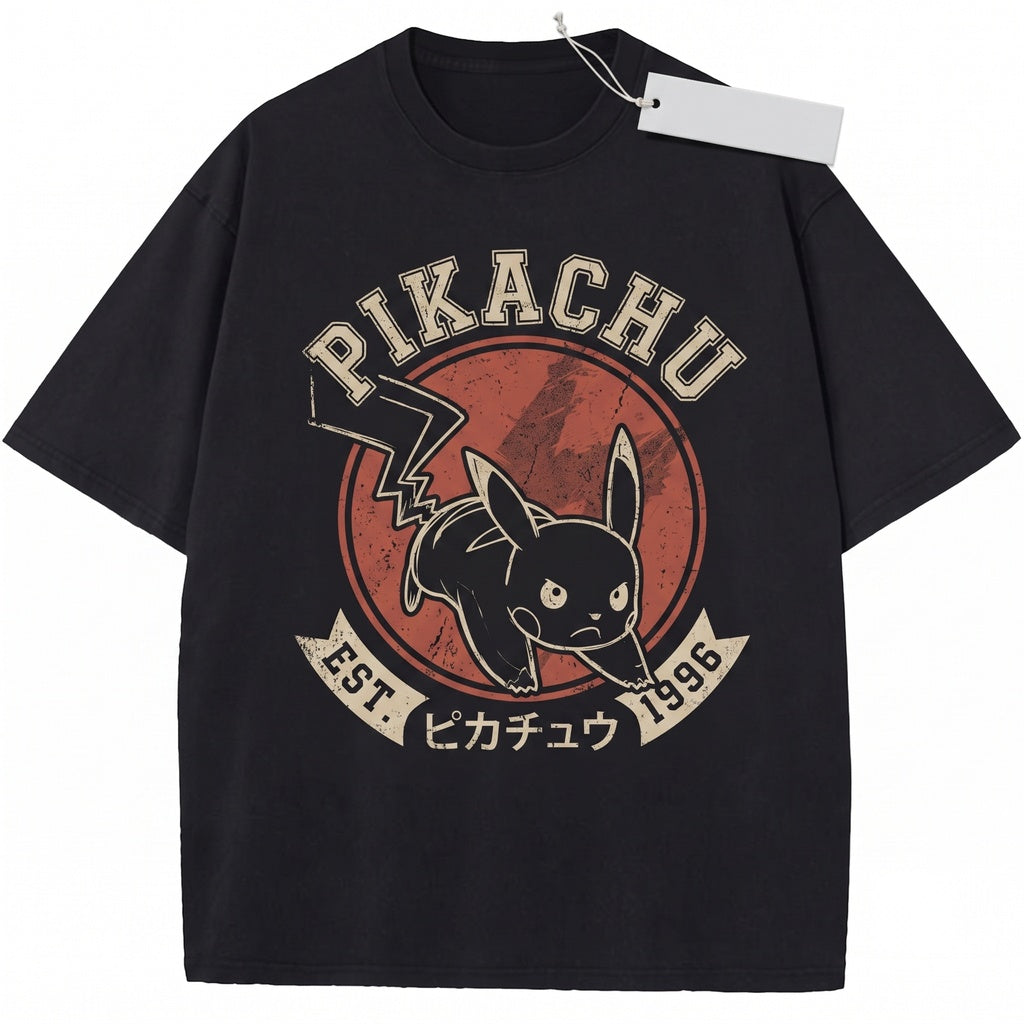 Japanese Retro Electric Mouse Graphic Sakura Landscape Anime Vintage Wash Oversized Unisex TShirt