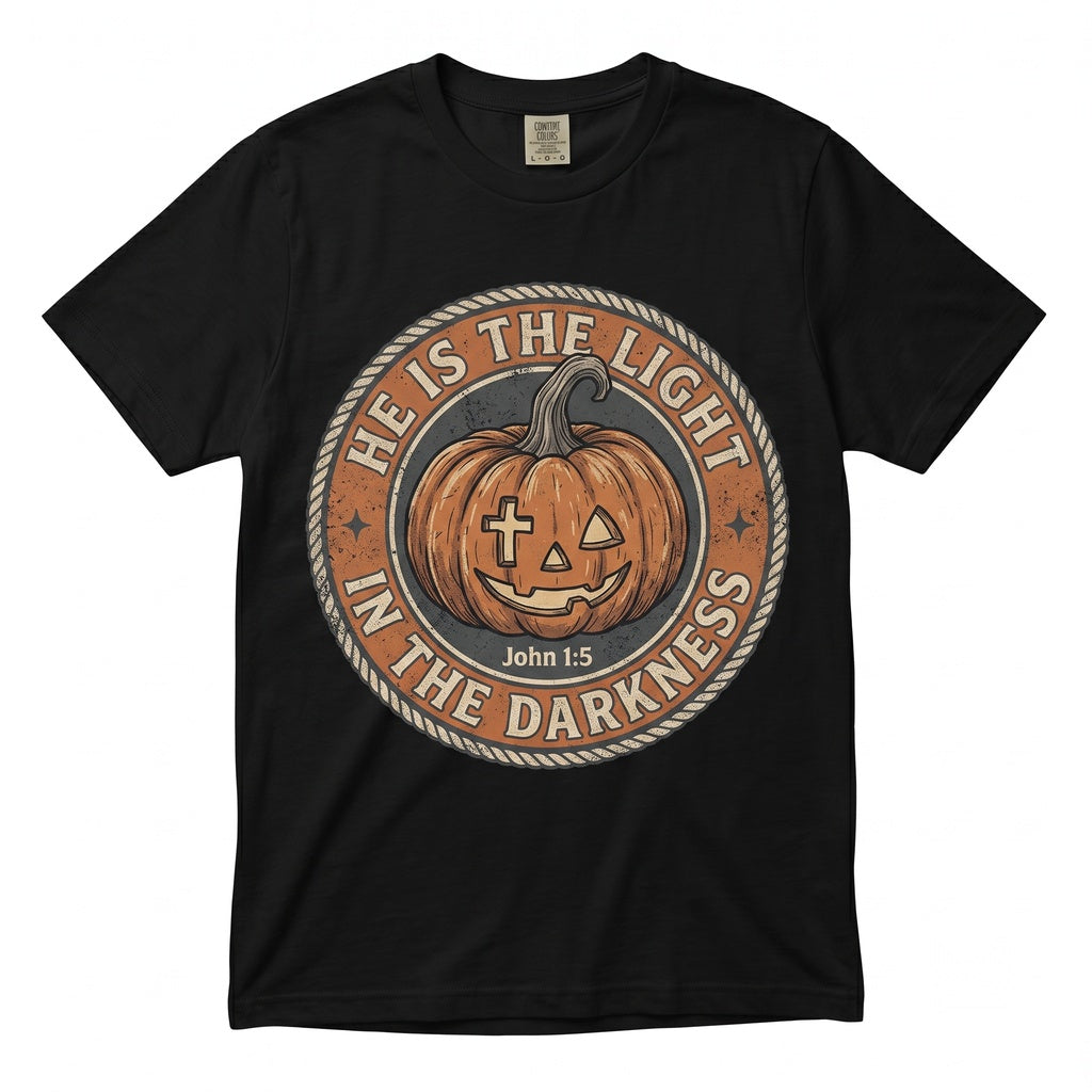 He is the Light in Darkness Pumpkin Season Bible Verse Thanksgiving Halloween Gifts Long Sleeve Unisex TShirt
