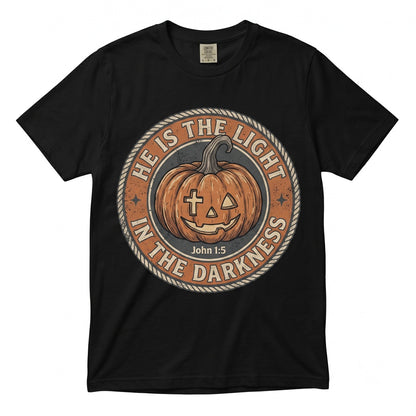 He is the Light in Darkness Pumpkin Season Bible Verse Thanksgiving Halloween Gifts Long Sleeve Unisex TShirt