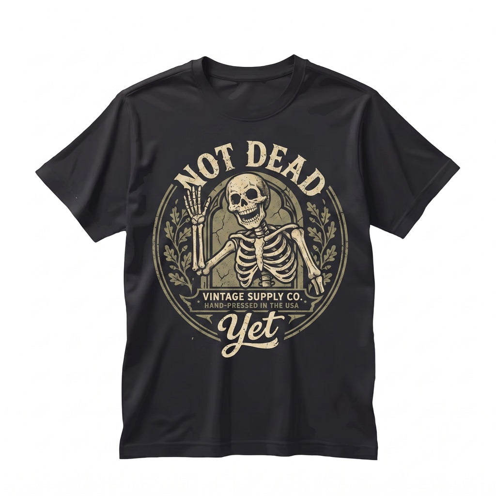 Funny Not Dead Yet Skeleton Skull Graphic - Distressed Gothic Vintage Spooky Halloween Undead Cool Humor Unisex TShirt