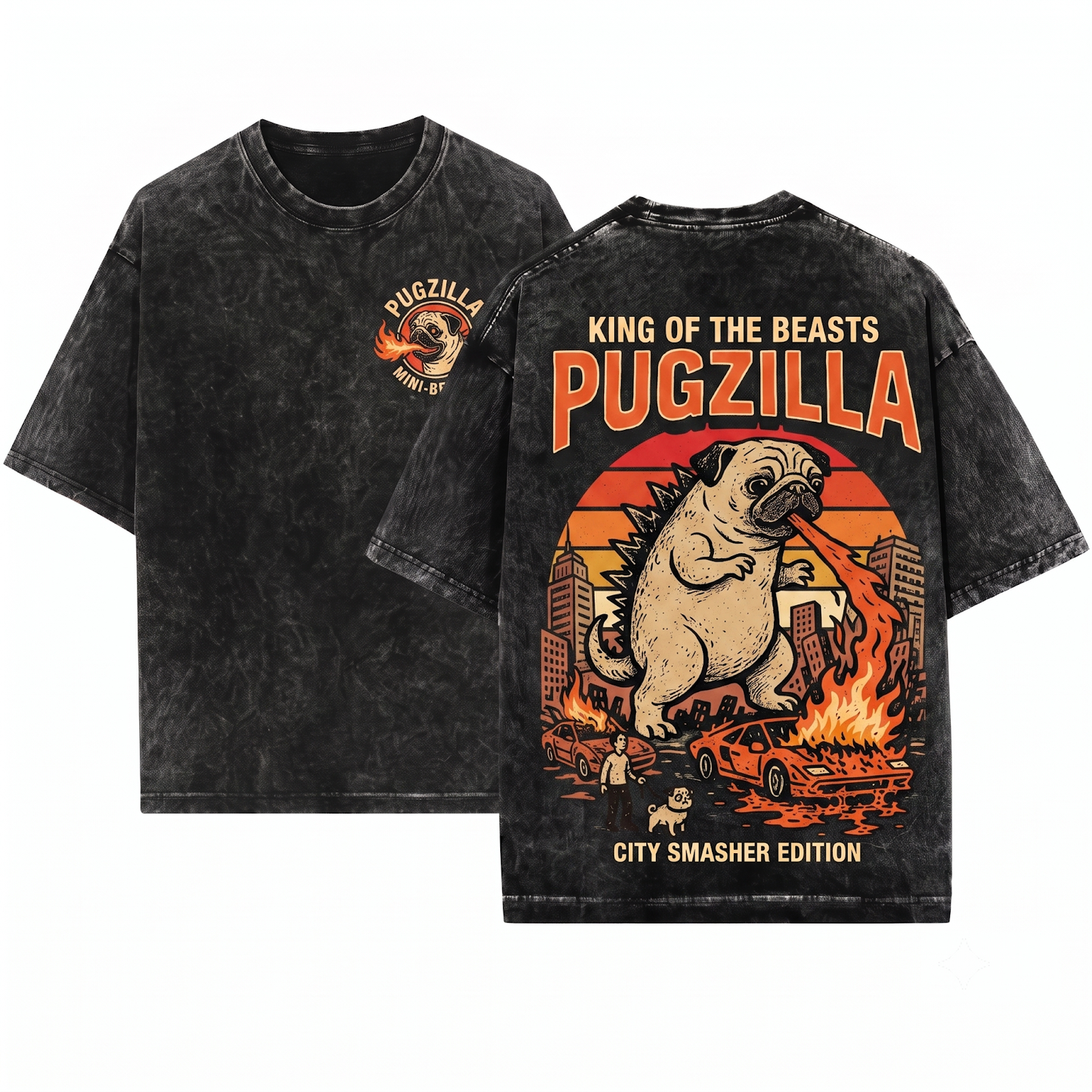 Retro Pugzilla Fire Breathing Monster Shirt Funny Vintage Comic Dog Mom Dad Gift Unisex Heavyweight Garment-Dyed T-Shirt