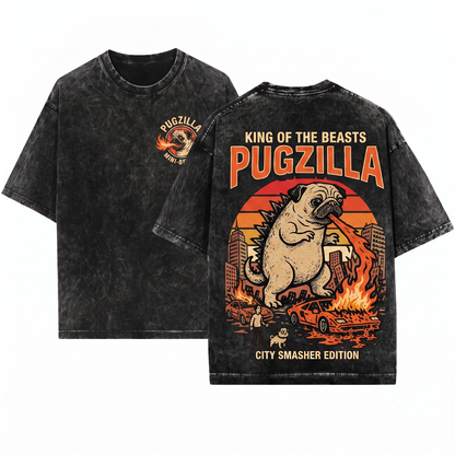 Retro Pugzilla Fire Breathing Monster Shirt Funny Vintage Comic Dog Mom Dad Gift Unisex Heavyweight Garment-Dyed T-Shirt