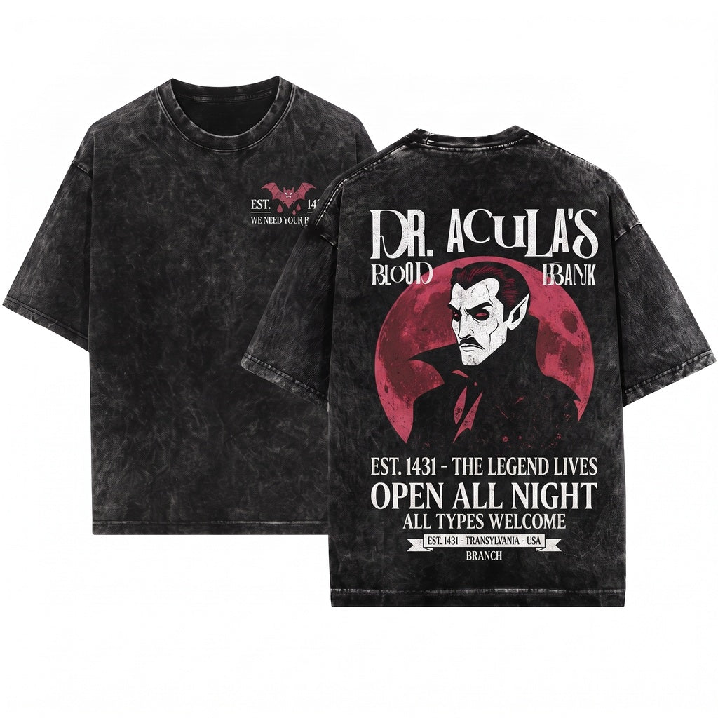 Vintage Halloween Vampire Dr Acula Blood Bank Unisex Wash T-Shirt
