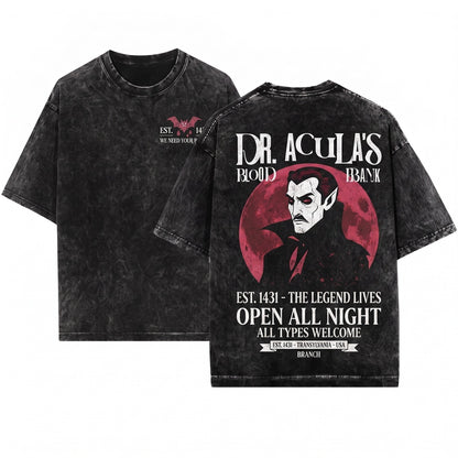 Vintage Halloween Vampire Dr Acula Blood Bank Unisex Wash T-Shirt
