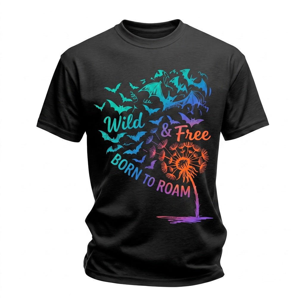 Wild And Free Dandelion Spooky Flying Orange Bat Halloween Nature Gift Retro Unisex TShirt