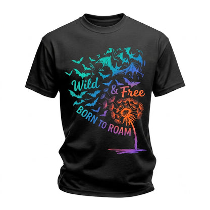 Wild And Free Dandelion Spooky Flying Orange Bat Halloween Nature Gift Retro Unisex TShirt