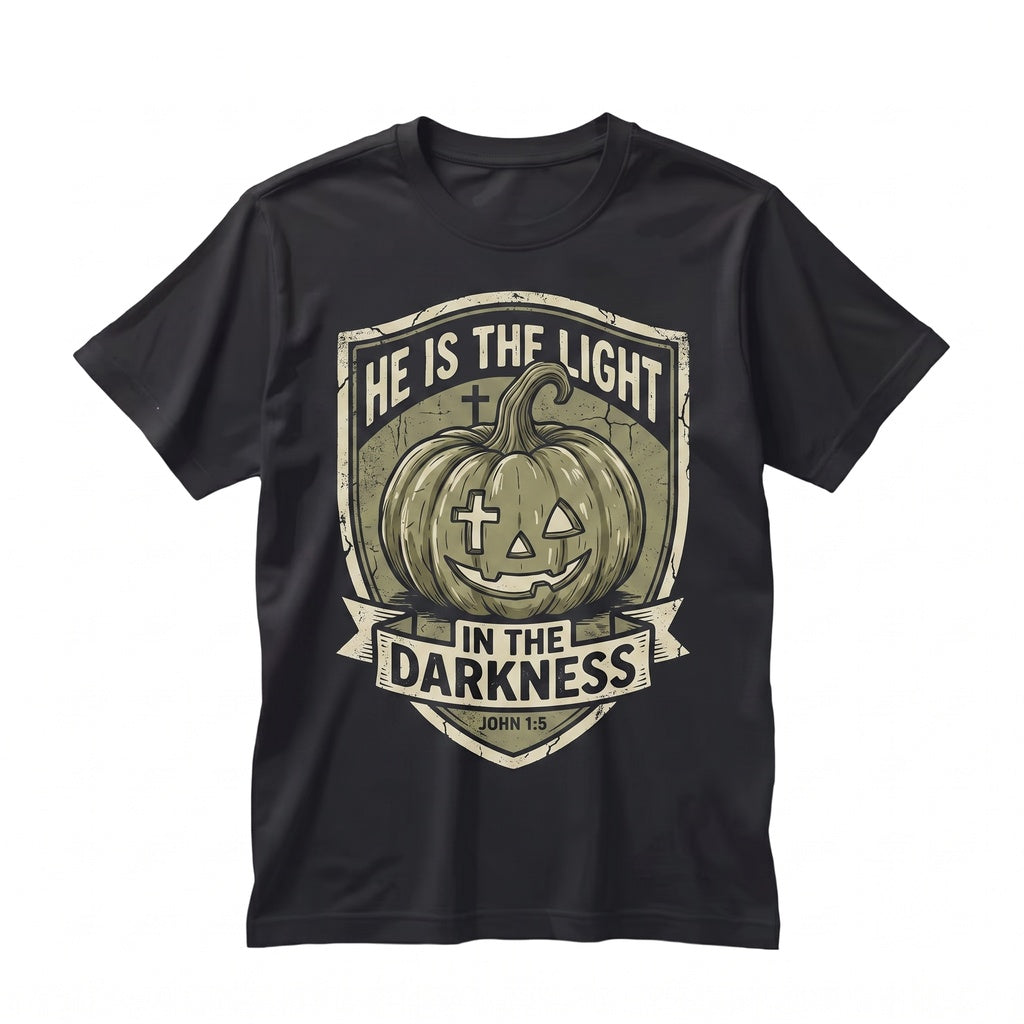 He is the Light in Darkness Pumpkin Season Bible Verse Thanksgiving Halloween Gifts Long Sleeve Unisex TShirt
