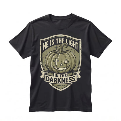 He is the Light in Darkness Pumpkin Season Bible Verse Thanksgiving Halloween Gifts Long Sleeve Unisex TShirt